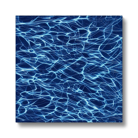 A very blue tile art print in front of a beach with a large blue wave on