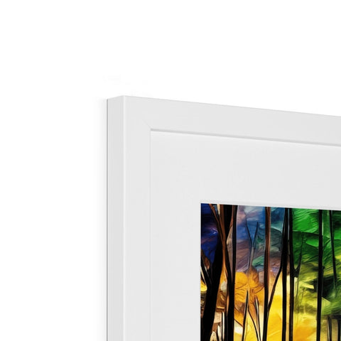 A picture on a white background of some artwork inside of a frame with several colored prints