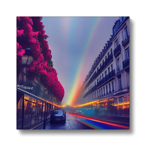 a street with colorful umbrella and a rainbow in the sky and an art print in the