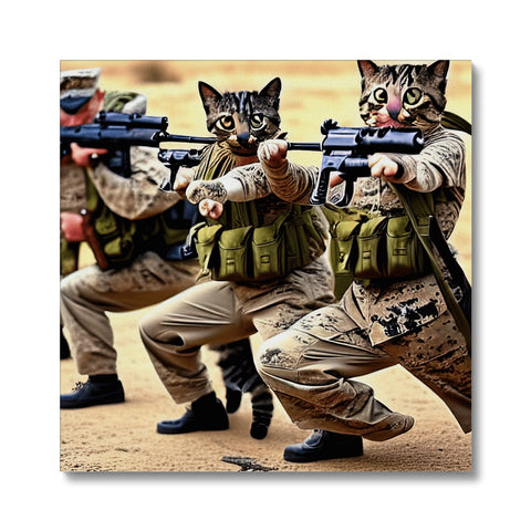 there is a group of men in military uniform facing down a cat in the picture.