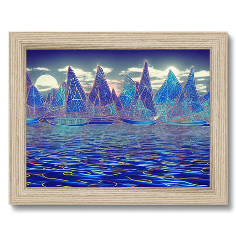 A group of sailing boats on water floating through a blue haze.