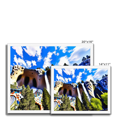 Art print of a scene with mountains and hills and blue sky and other landscapes.