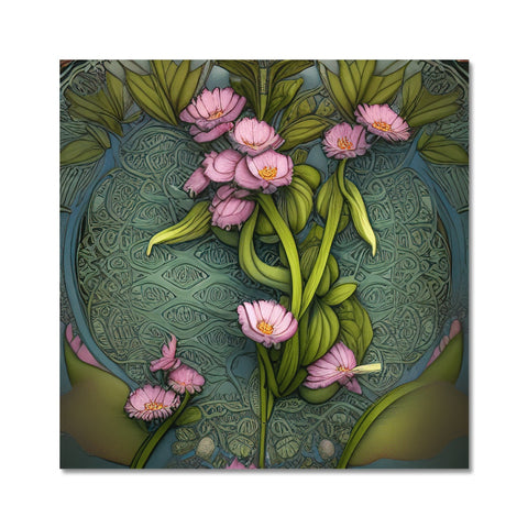 An art print on the floor by a bowl of water lilies on a table.