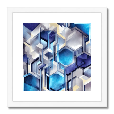 A framed art print with some geometric blocks on the front of it that's printed with