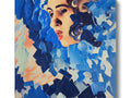 Color picture of a woman in blue on canvas with her face turned inside out.