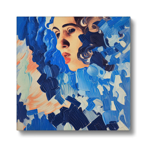 Color picture of a woman in blue on canvas with her face turned inside out.