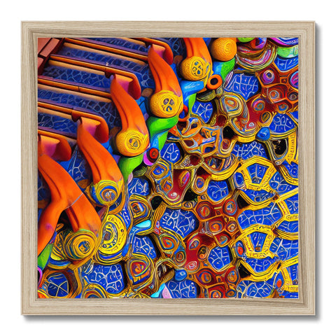 A wall mounted art print hanging on to a wooden wall that is covered in colorful fabric