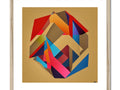 A wooden framed art print on silver foil with geometric folds of wood.