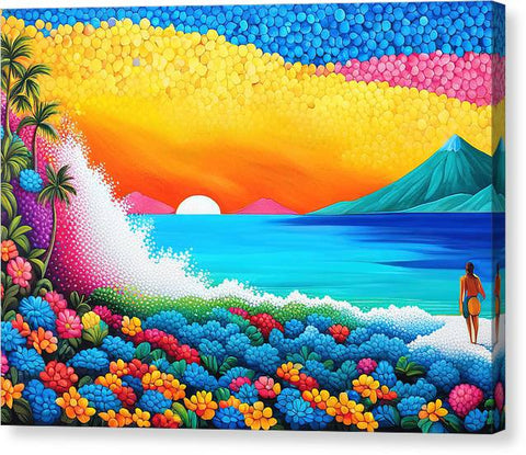 Colorful Vibrant Blue and Yellow Coastal Fantasy Beach Painting Art - Canvas Print