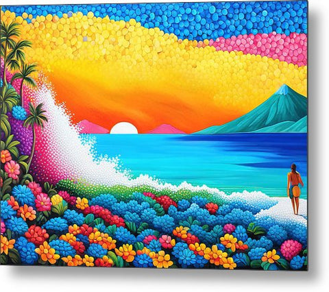 Colorful Vibrant Blue and Yellow Coastal Fantasy Beach Painting Art - Metal Print