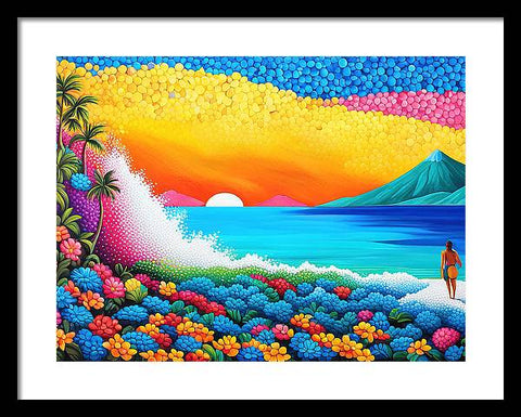 Colorful Vibrant Blue and Yellow Coastal Fantasy Beach Painting Art - Framed Print
