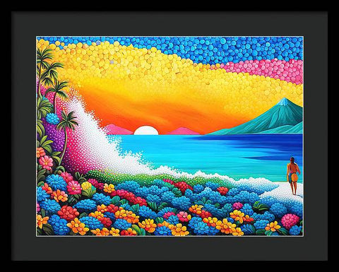 Colorful Vibrant Blue and Yellow Coastal Fantasy Beach Painting Art - Framed Print
