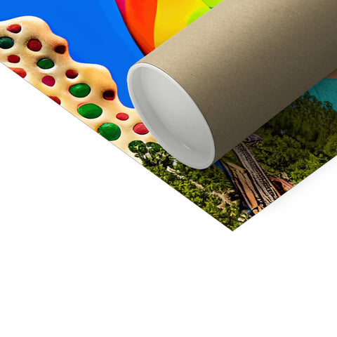 A colorful roll of paper and a paper roll is folded on a plastic bag.