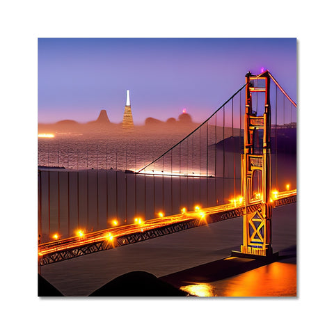 An art print of the Golden Gate bridge in front of a building