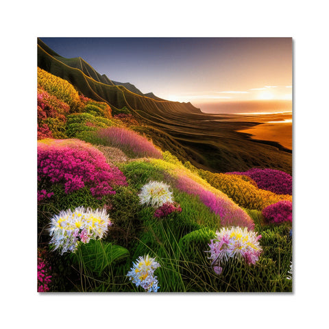 A colorful print with flowers and a grassy field on a sunset.