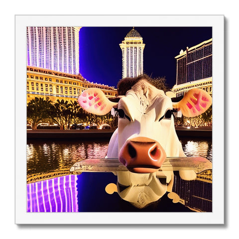 A cow in a colorful cow figure float in front of Las Vegas' skyline on a