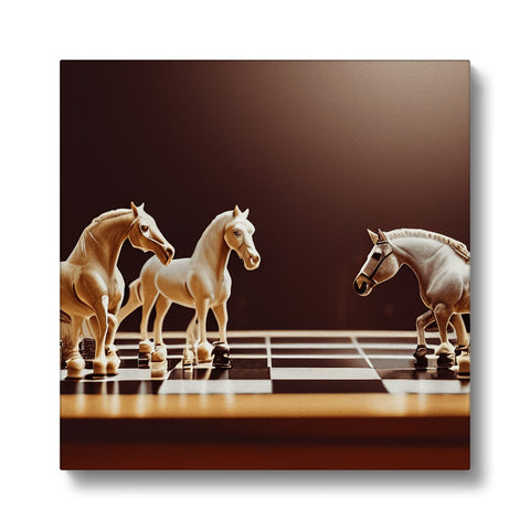 A board top set is topped with lots of horses racing on the game of chess.