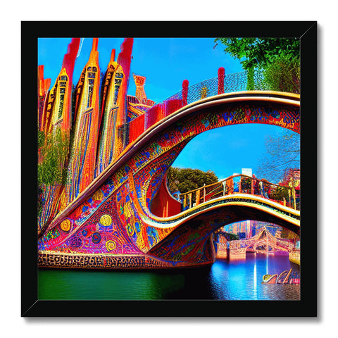 Art art prints on a bridge on a lake at sunset in Barcelona.