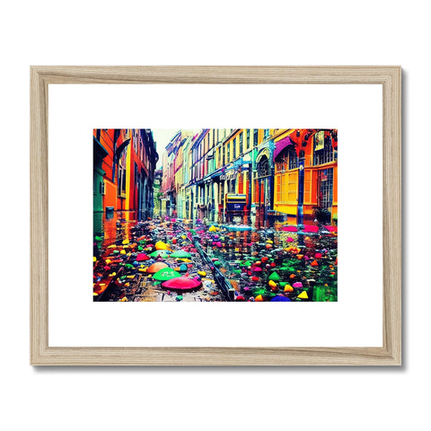 An art print sits next to a water filled street during a heavy rain event.