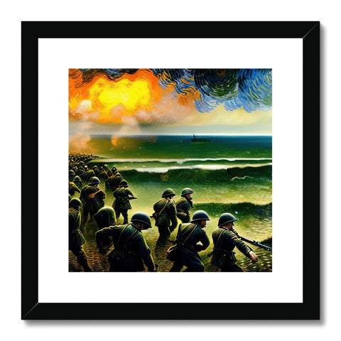 The artwork is a picture of some soldiers on a beach with a marine on shore