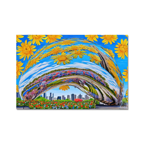 A colorful cloth placemat depicting the city skyline in the background.