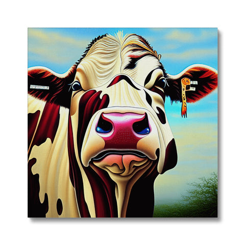 A large dairy cow sitting on a red dirt field looking up at a forest.