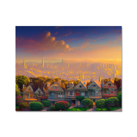 A large print painting, mouse pad, and a pillow surrounded by a city skyline.