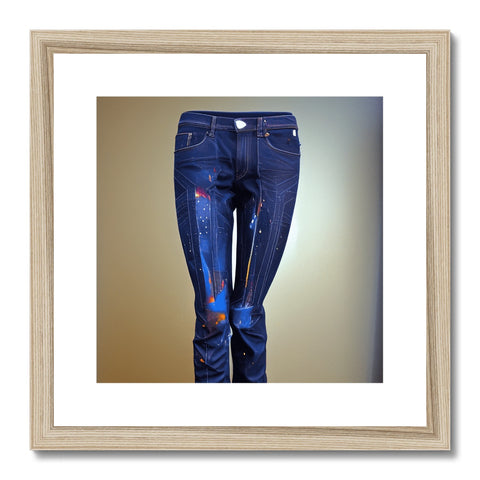 An art print in a wooden frame with jeans leaning against a wall.