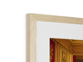 View of a picture frame holding a wooden frame of wood.