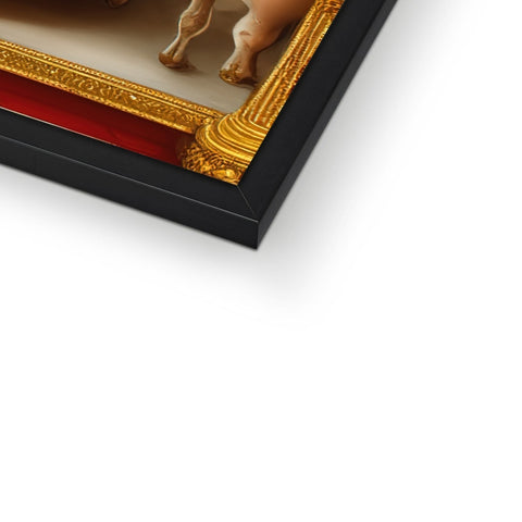A close up picture of a figure holding a horned cow in a picture frame.
