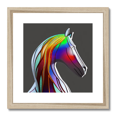 a rainbow sculpture of an equine horse in a wooded frame that is painted on