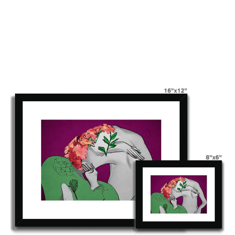a small white picture frame of three images of people with flowers and leaves