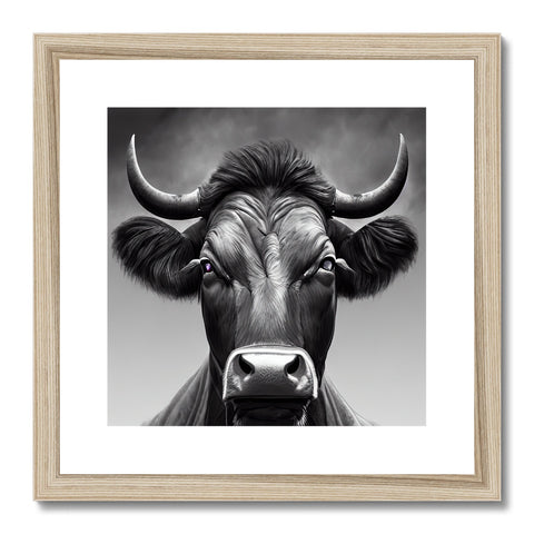 a bull standing with head held up facing an art print.