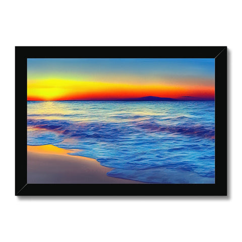 A beautiful sunset laying behind a beach, a colorful picture frame, and waves in the