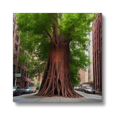 A tall brownish tree standing next to a building. Â
