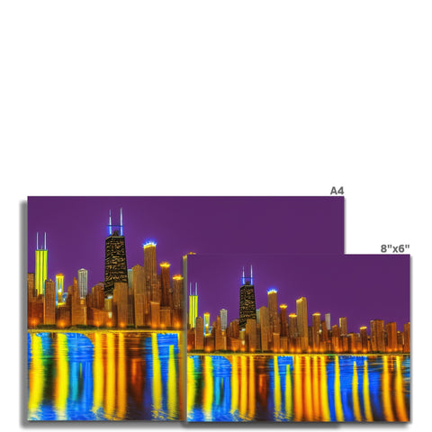An art print showing an art painting of Chicago on a wall.