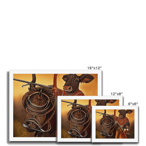 Three photographs on a large wooden picture frame with two cow horns hanging over the edges.