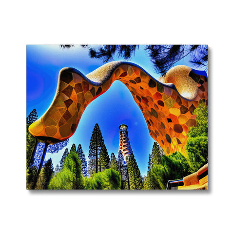 Art print of giraffes riding through the trees on a mountain overlooking the mountains