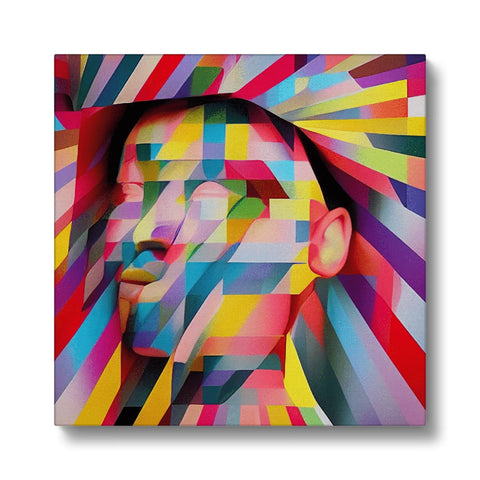 A colorful print of a face on a page on a white canvases.