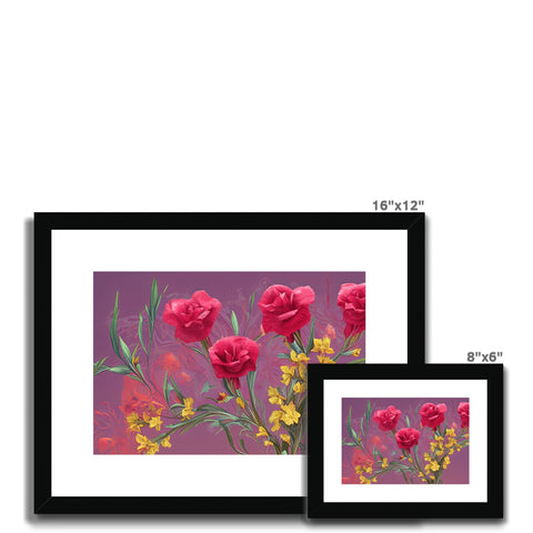 A picture printed framed picture of flowers on a white wall of several different types.