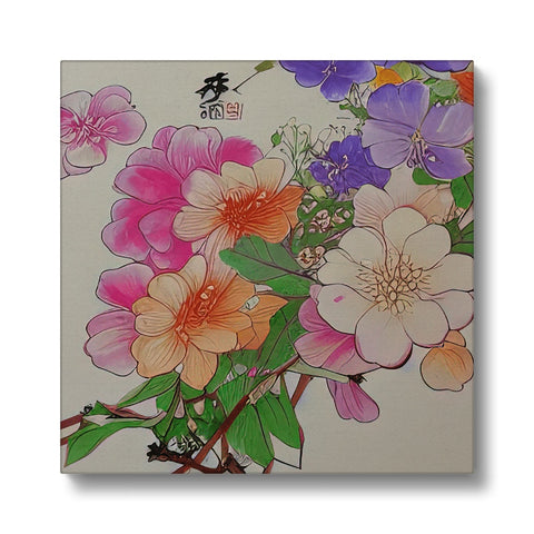 An art print on a small green tea plate with several pink flowers.
