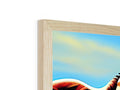 A wooden panel is hanging in a wooden picture frame on a wall with no windows.
