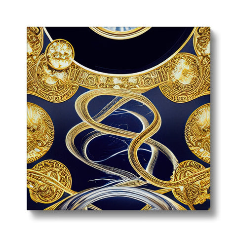 Art print painting on a clock made of gold with silver and orange and blue fabric.