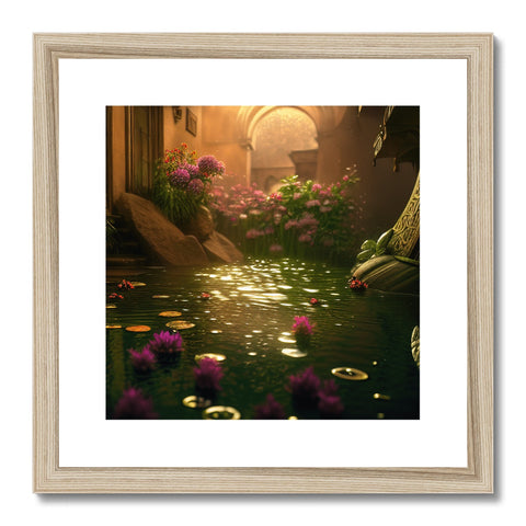 A framed art print of a pond with water lilies hanging from a window ledge.