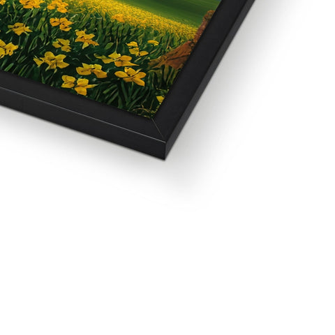 A picture frame with green and yellow daffodils in it.