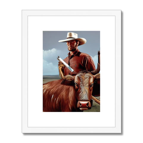The cowboy has a picture posed on one horse with a bull on a horse.