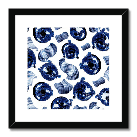 A large blue and black print framed hanging on a wall decorated with a picture of a