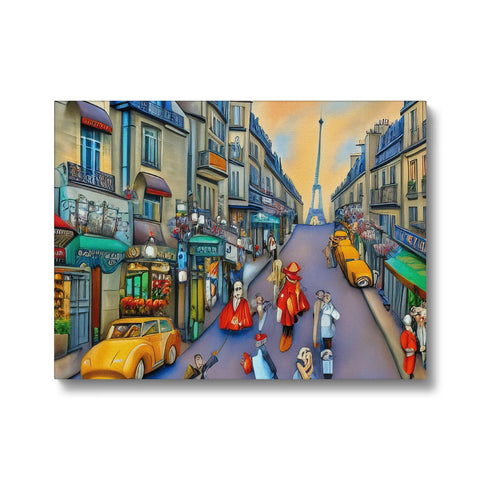 This is a street scene in Paris where several people standing on a street of a brick