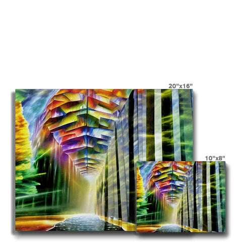 A photo of a wooden panel of artwork by a photo strip of metal with a large