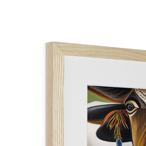 A picture of picture frame on a wood background with a bird standing in front of it